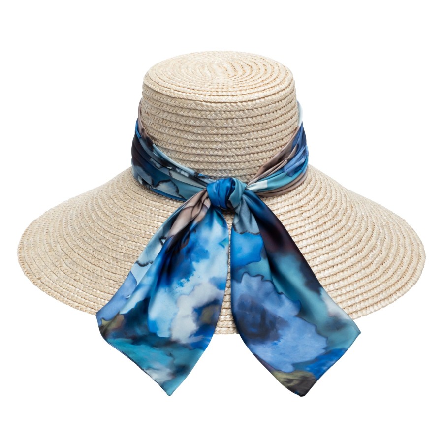 Best Mirabel In Ivory W/Blue Floral Print Tail Sunhat