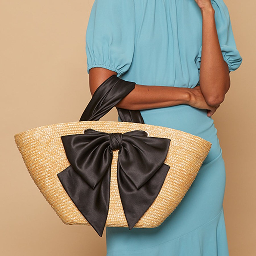 New Carlotta Straw Tote W/Black Satin Bow Bags