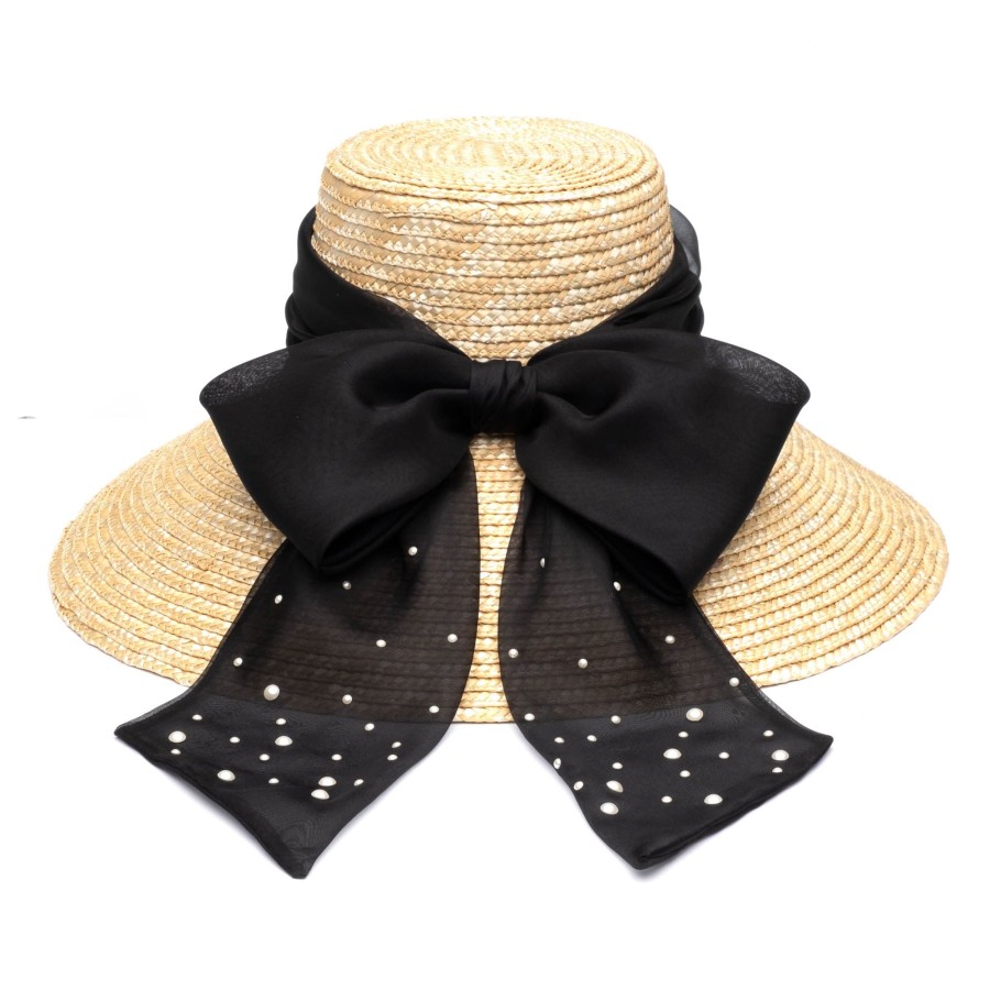 Wholesale Mirabel In Natural W/Black Bow & Pearls Sunhat