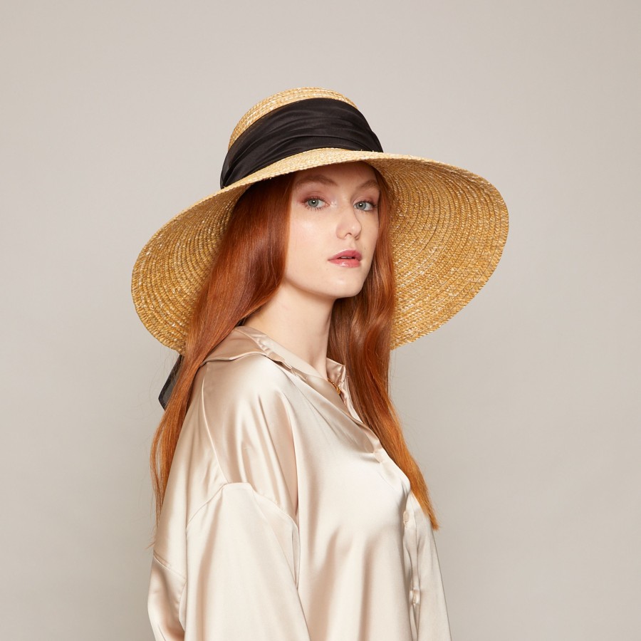 Wholesale Mirabel In Natural W/Black Bow & Pearls Sunhat